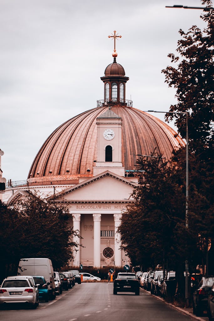 Magnificent basilica dome captured in Bydgoszcz, Poland, showcasing architectural beauty and religious heritage.